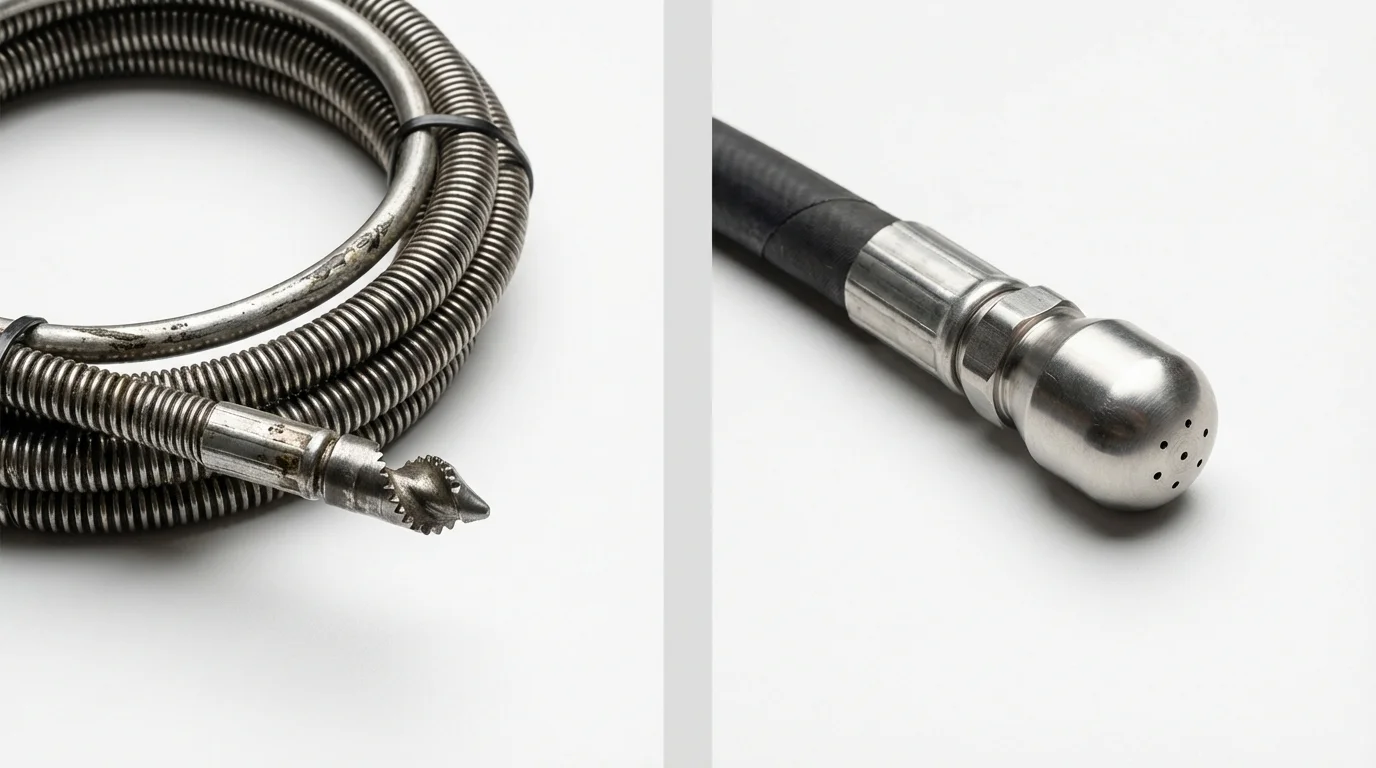 Drain snake cable and hydro jetting nozzle used for drain cleaning in Troy, ME