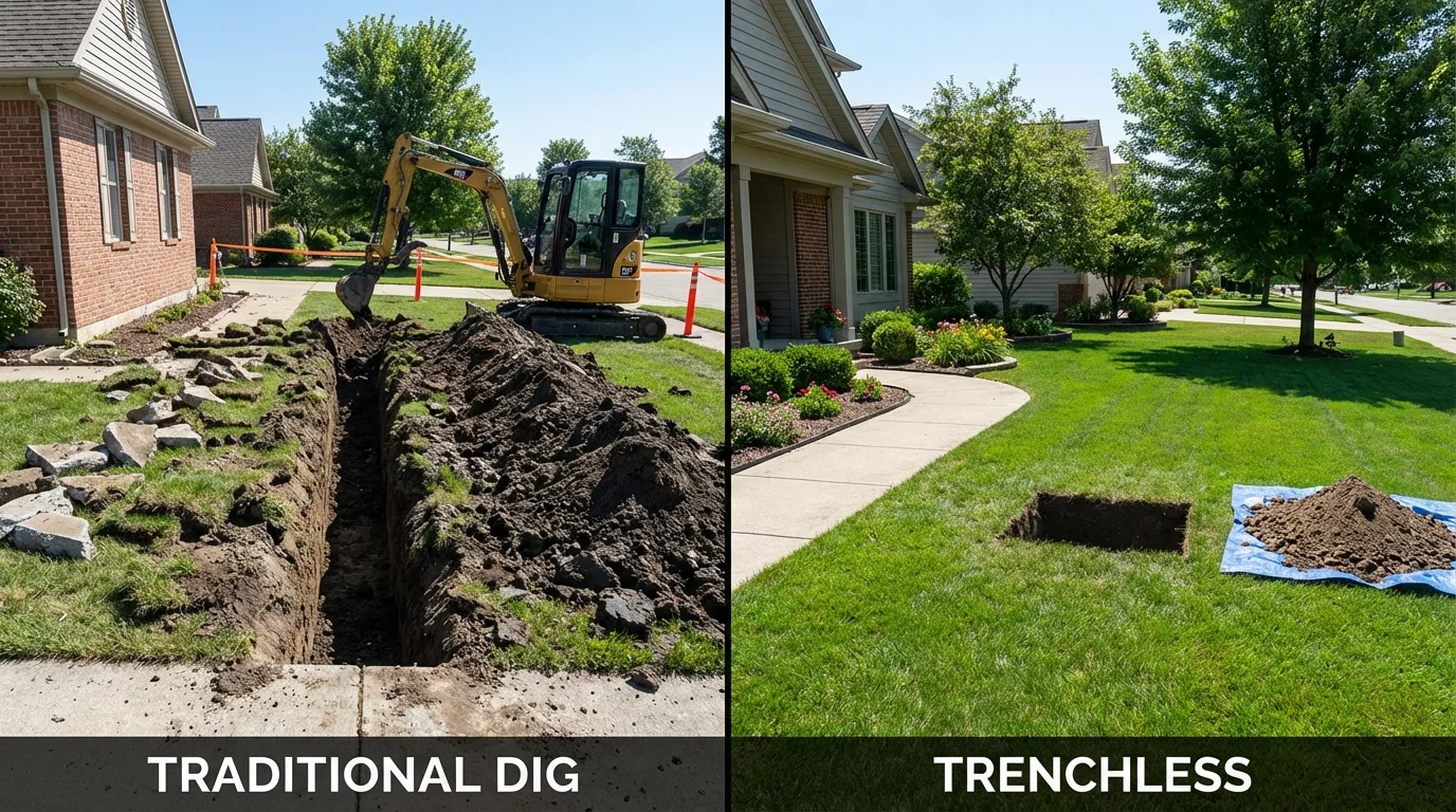 Trenchless sewer repair with minimal yard damage versus traditional excavation in Troy, ME